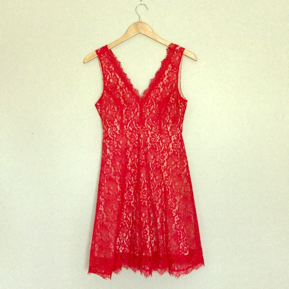 v neck lace skater dress